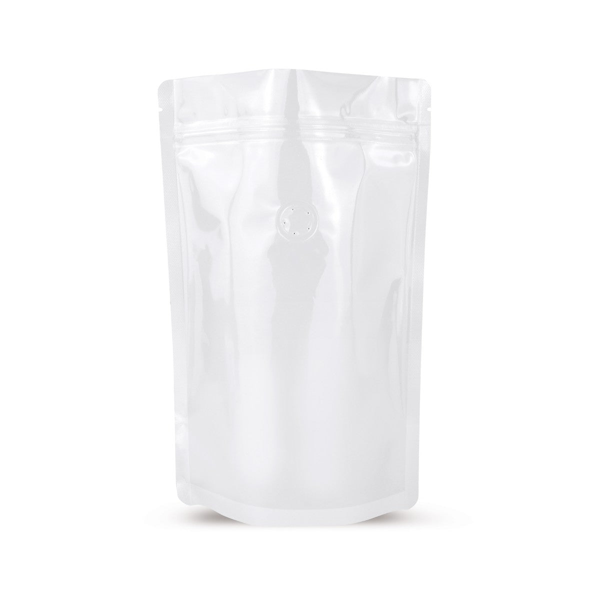 Doypack blanco con válvula de protección de aroma — vista principal de la bolsa con válvula de aroma, protección de aroma del fabricante Elke Plastic