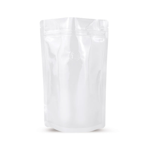 Doypack blanco con válvula de protección de aroma — vista principal de la bolsa con válvula de aroma, protección de aroma del fabricante Elke Plastic