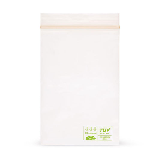 Bolsa zip biodegradable sin franja de rotulación PLA 50 µm — vista principal directa del fabricante Elke Plastic