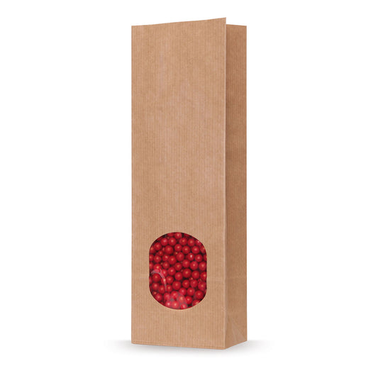 Bolsa de fondo cuadrado kraft natural con ventana transparente — vista detallada en una aplicación de embalaje típica con ejemplo de contenido