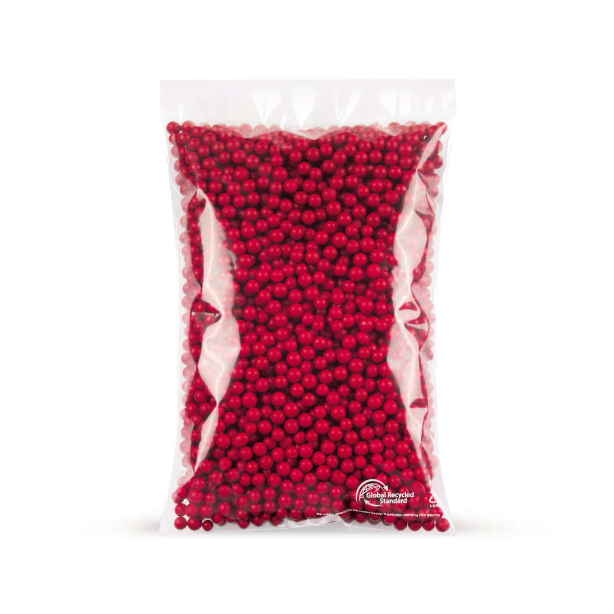 Bolsa plana rLDPE con contenido reciclado 50 µm — vista detallada en una aplicación de embalaje típica con ejemplo de contenido
