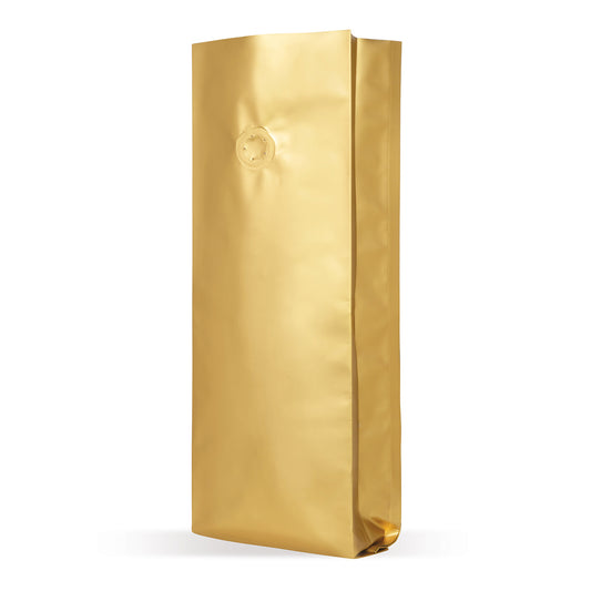 Bolsa con fuelle lateral dorada con válvula de protección de aroma — vista detallada del material y de la válvula de aroma, protección de aroma en sección de perfil