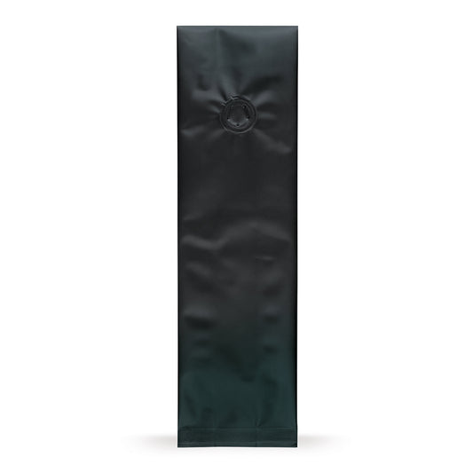 Bolsa con fuelle lateral negra con válvula de protección de aroma — vista principal de la bolsa con válvula de aroma, protección de aroma del fabricante Elke Plastic