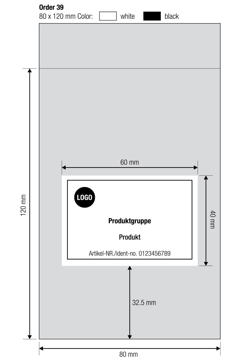 Boceto de ejemplo de una fabricación a medida con las medidas de la bolsa (80×120 mm) y del área de impresión (60×40 mm)