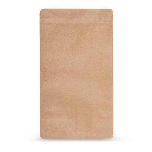 Bolsa doypack de papel kraft sin aluminio — Vista principal de la bolsa con complejo barrera sin aluminio y aspecto papel kraft de Elke Plastic
