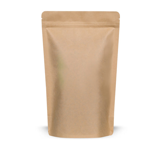 Bolsa doypack de papel kraft sin aluminio — Vista detallada del material y del complejo barrera sin aluminio, aspecto papel kraft en sección