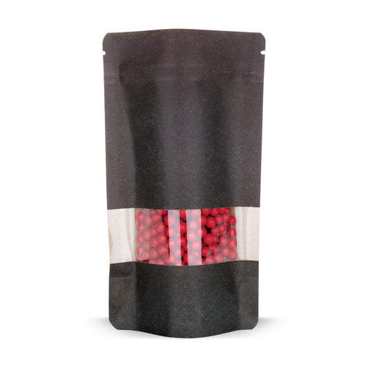 Doypack papel kraft con ventana transparente negro — vista principal de la bolsa con ventana transparente, estética de papel kraft del fabricante Elke Plastic