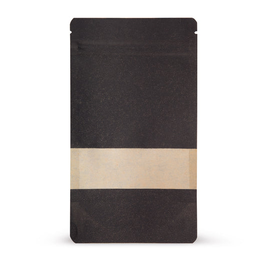 Doypack papel kraft con ventana transparente negro — vista principal de la bolsa con ventana transparente, estética de papel kraft del fabricante Elke Plastic