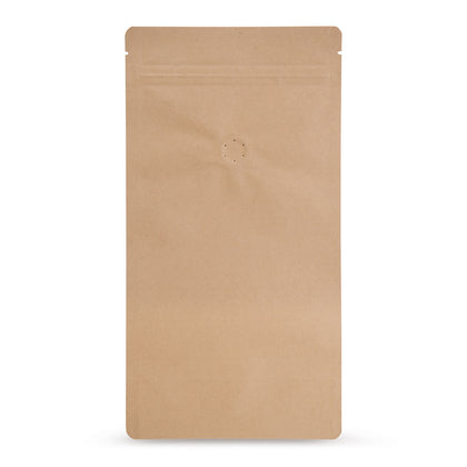 Doypack papel kraft con válvula de protección de aroma — vista principal de la bolsa con válvula de aroma, estética de papel kraft del fabricante Elke Plastic