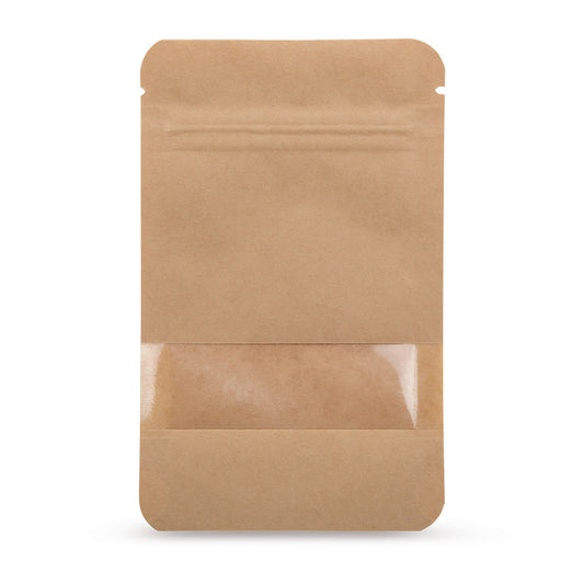 Doypack papel kraft con ventana transparente — vista principal de la bolsa con ventana transparente, estética de papel kraft del fabricante Elke Plastic