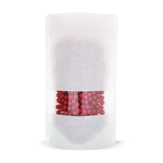 Doypack papel kraft con ventana transparente blanco — vista principal de la bolsa con ventana transparente, estética de papel kraft del fabricante Elke Plastic