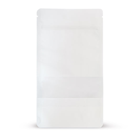 Doypack papel kraft con ventana transparente blanco — vista principal de la bolsa con ventana transparente, estética de papel kraft del fabricante Elke Plastic