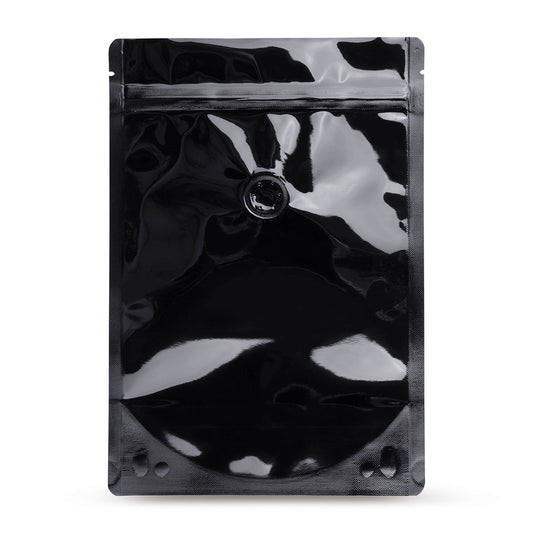 Doypack negro con válvula de protección de aroma — vista principal de la bolsa con válvula de aroma, protección de aroma del fabricante Elke Plastic